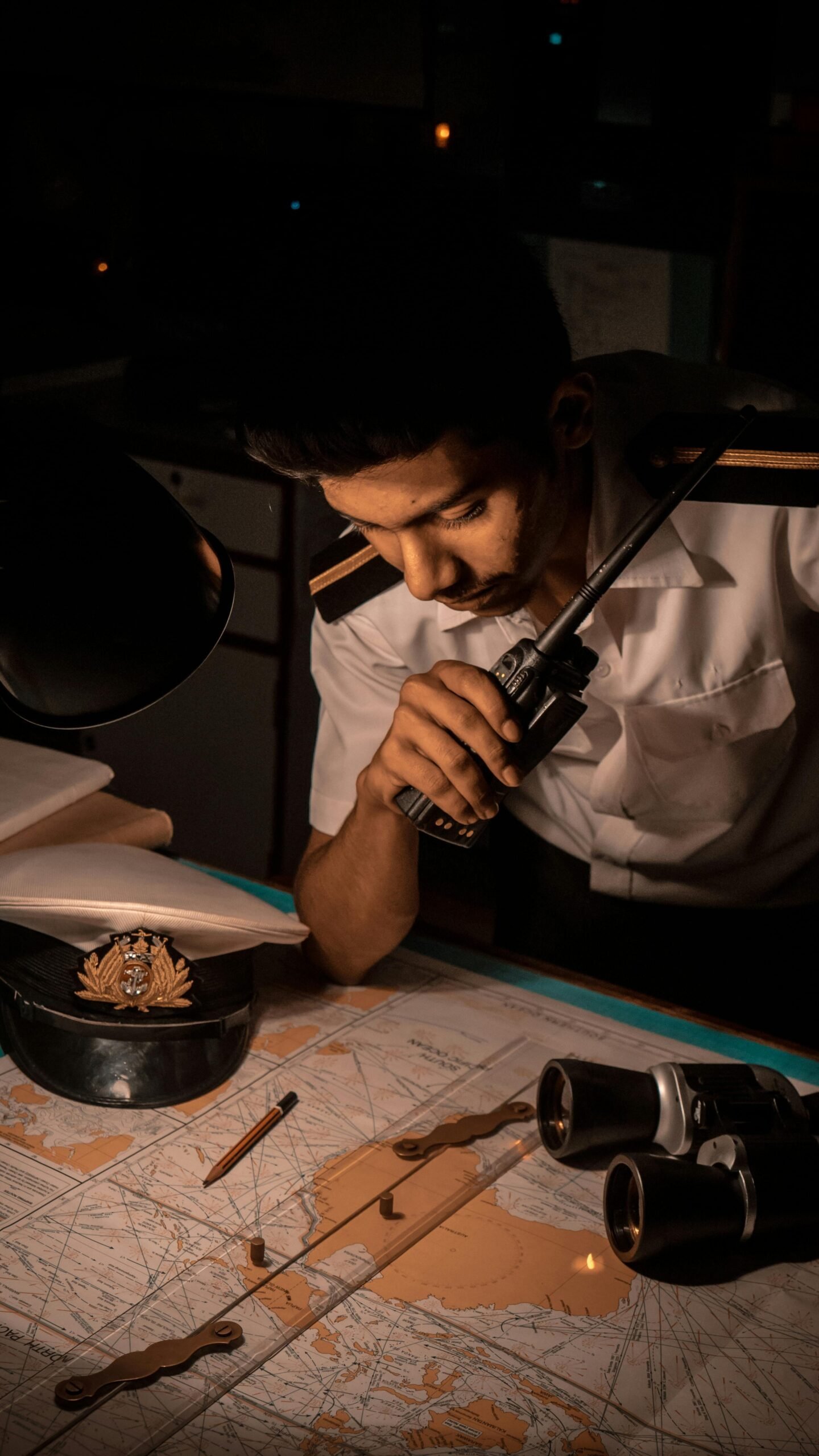 Ship crew member using map and walkie talkie in dim light, planning a voyage.